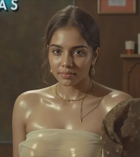 there is a woman in a blue dress with a gold necklace and earrings, indian goddess, indian girl with brown skin, indian, indian super model, indian empress, wet sweat t-shirt padded push up bra, saree removed dropped, cleavage, plain white color padded cot...