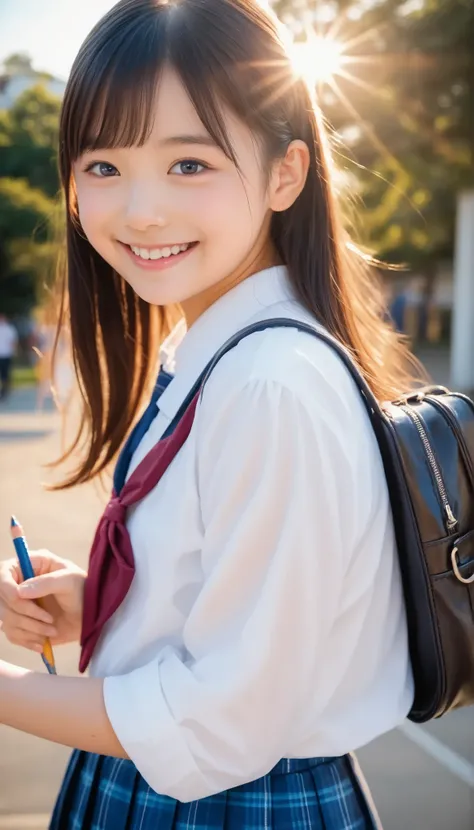 1girl,solo,Japanese schoolgirl,cute girl,elementary school student,no makeup,smiling,high image quality,masterpiece,Acrylic painting,photorealistic,detailed facial features,cute expression,natural pose,White background,warm sunlight,vibrant colors,soft lig...