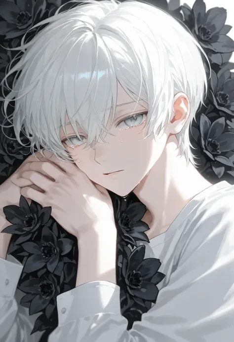 (1 boy with white hair short cut:1.4),((Black flowers lie in many coffins))、 white shirt、moonlight、tears