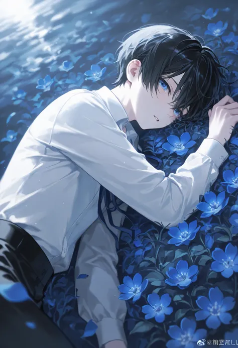 (1 boy with short black hair:1.4),((Blue flowers lie in many coffins))、 white shirt、moonlight、tears
