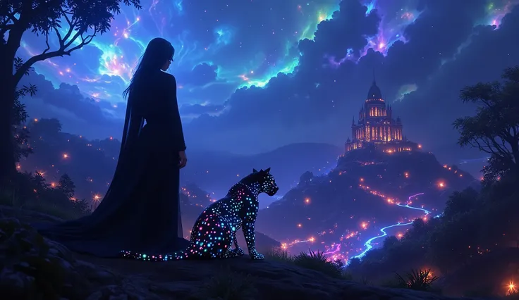 Imagine a princess in a dark cloak standing at the edge of a misty, alien jungle, her face obscured by shadow, while a bioluminescent panther sits beside her, its eyes glowing with an eerie light. She is the Shadow Princess, guardian of the jungle. The fai...