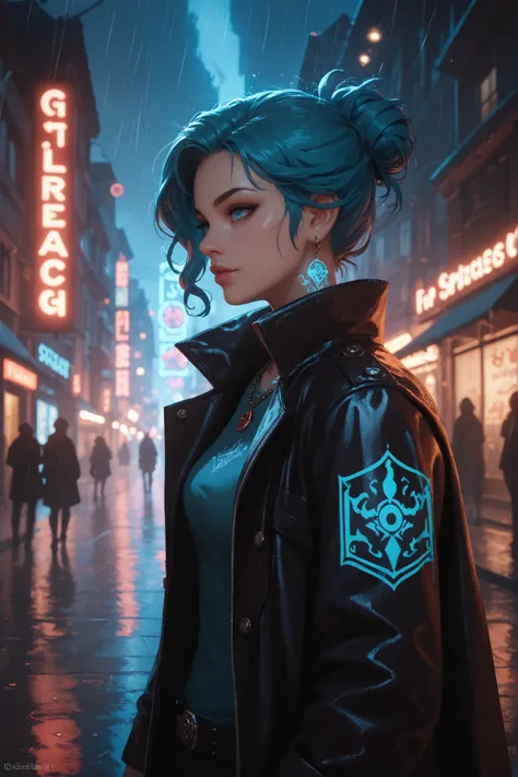 A moody portrait of a street mage in a rain-soaked neon city. She has short, choppy hair dyed electric blue, and a single glowing sigil tattooed over one temple. Her coat is long and dark, lined with flickering runes, and she wears fingerless gloves embedd...