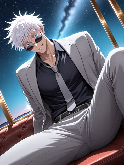 (masterpiece, best quality), amazing quality, very aesthetic, absurdres, highres, newest, HDR, 8K, anime style, cinematic, professional lighting, backlighting, dynamic angle, 1man,adult, male focus, smile, gojou satoru, jujutsu kaisen, blue eyes, colored e...