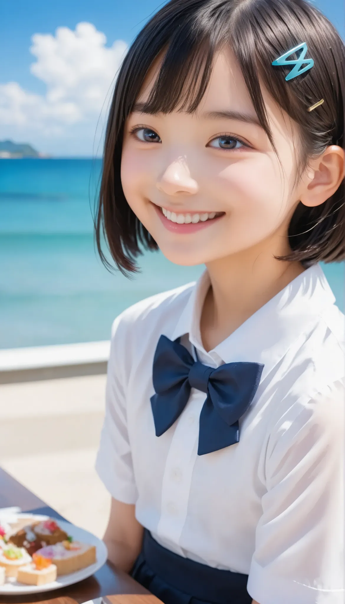 (1 Girl, alone, Japanese Girls), ,Highest quality, Tabletop, 8K, High resolution, Super detailed, (Portraiture), Recall, Black Hair, short hair, Hair Clip, Shiny skin, Flat Chest, smile,  (Middle schoom, White collared shirt, bow tie,), summer, blue sky, t...