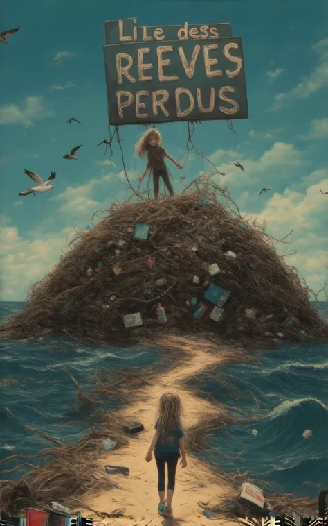 A whimsical, vibrant illustration featuring the title : “L'ILE des REVES PERDUS” made in recycled waste, garbage damaged letters in a grunge, gross, cartoon font, this title on top of a nasty polluted island hill of trash, a dirty ocean around filled with ...