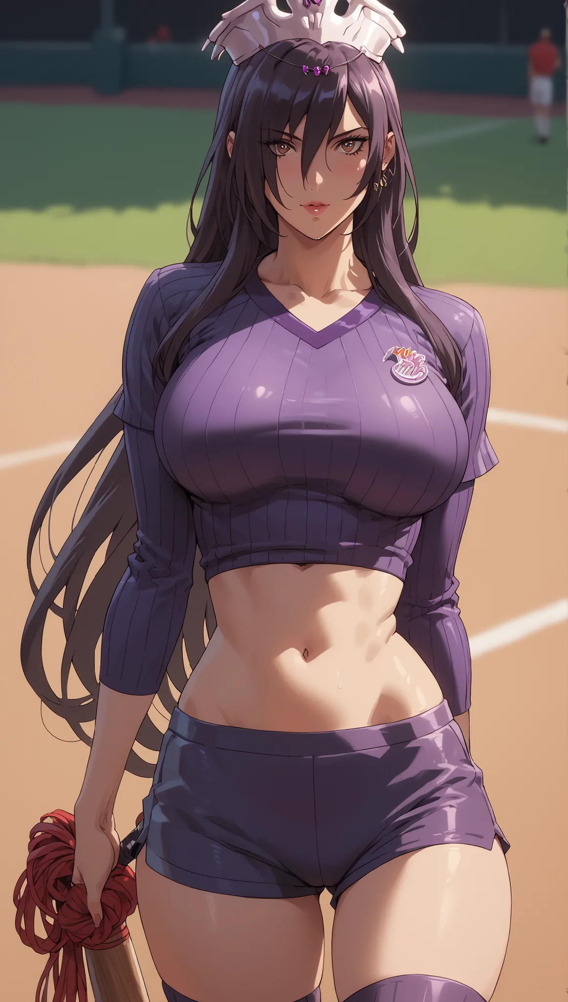 Score_9, Score_8_up, Score_7_up, Score_6_up, Score_5_up, Score_4_up, masterpiece, Olga Discordia, looking at viewer, hourglass figure, big chest, Baseball uniform,  tight top and shorts, sportswear, bending towards front