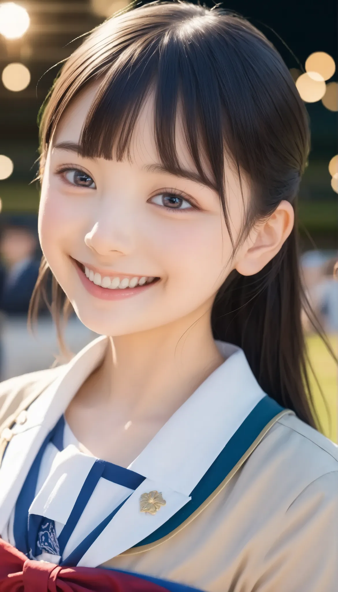 High quality masterpiece, 8k, , Japanese Girls, RAW Photos, Absurd, Winner portrait smile face, 笑face, Alone, Uniform, Summer Clothes Idol&#39;face, violet, Gardenia, Delicate girl, Long black hair, Dark Eyes, Upper body digital SLR, Observe the audience, ...