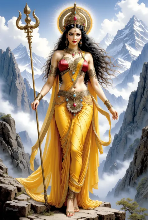 Hindu crowned goddess Parvati mata standing full body, wearing a yellow saree with golden border, jewellery ,red blouse, holding a trident, background in the mountains.