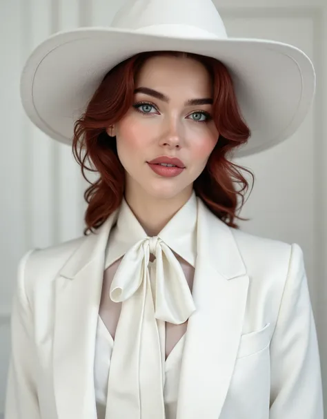 photorealistic, woman with auburn hair wearing a white satin blouse with a white neck tie, paired with a white vest and white blazer, white wide brim hat
