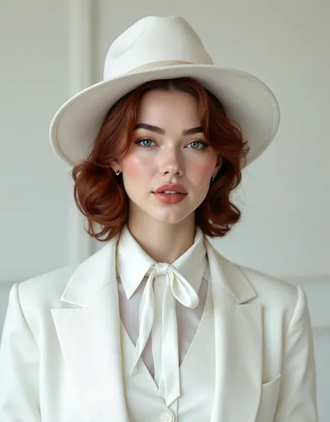 photorealistic, woman with auburn hair wearing a white satin blouse with a white neck tie, paired with a white vest and white blazer, white wide brim hat