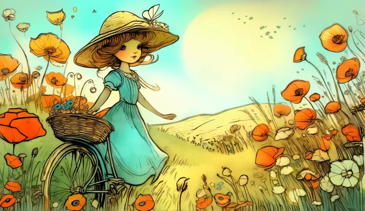 whimsical art style, surreal fantasy, ethereal art, A girl in a summer dress and sun hat, pushing a bicycle with a front basket full of flowers, through a field of giant poppies, the poppies are the size of trees and fill the entire background.: artstation...