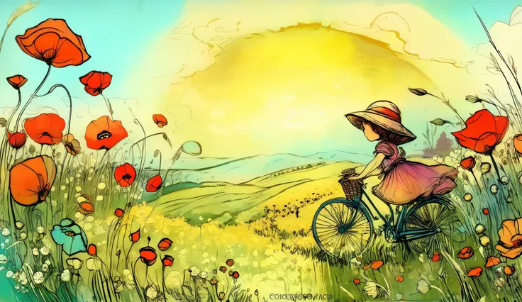 whimsical art style, surreal fantasy, ethereal art, A girl in a summer dress and sun hat, pushing a bicycle with a front basket full of flowers, through a field of giant poppies, the poppies are the size of trees and fill the entire background.: artstation...
