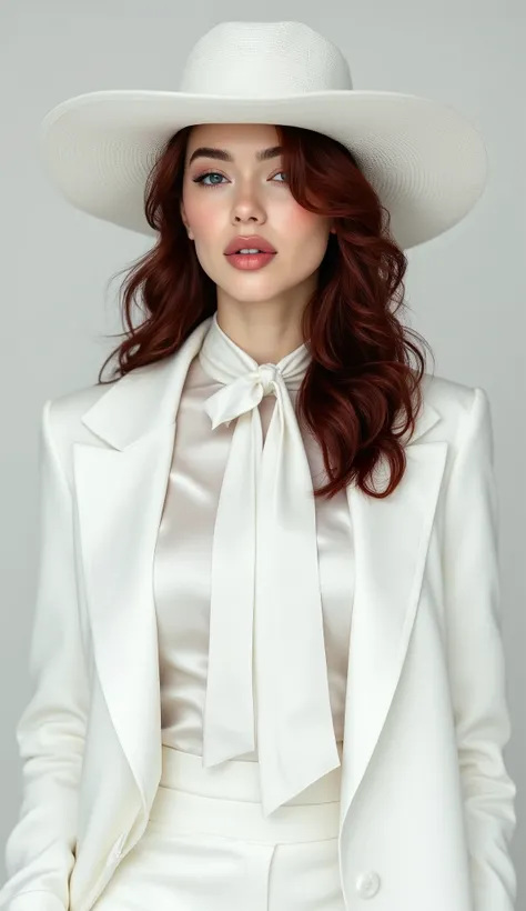photorealistic, woman with auburn hair wearing a white satin blouse with a white neck tie, paired with a white vest and white blazer, white wide brim hat, white pantalon