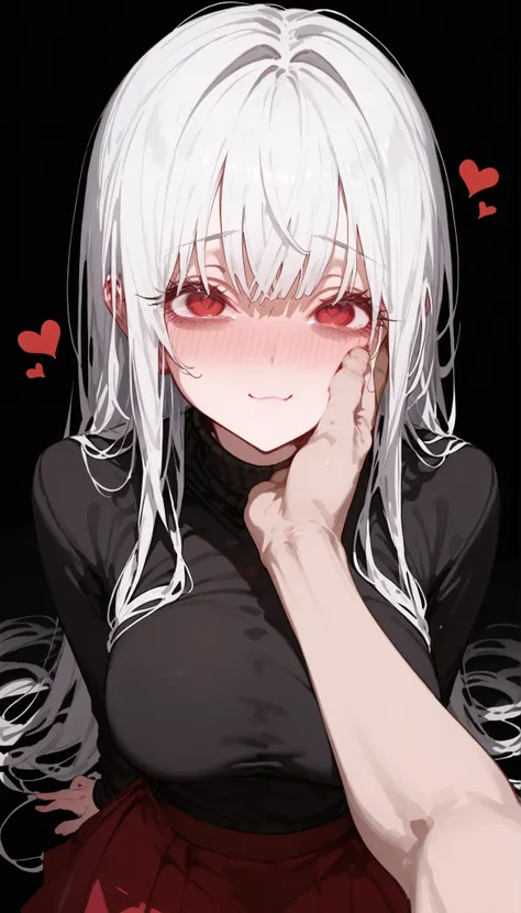 yandere,white hair,red-eyed,black turtleneck,heart,black background,,Red Skirt,Big Breasts,slim,cute,shadow under eyes,long hair,Black Shirt,shy,Shy, Yandre ,pov hand on cheek face,