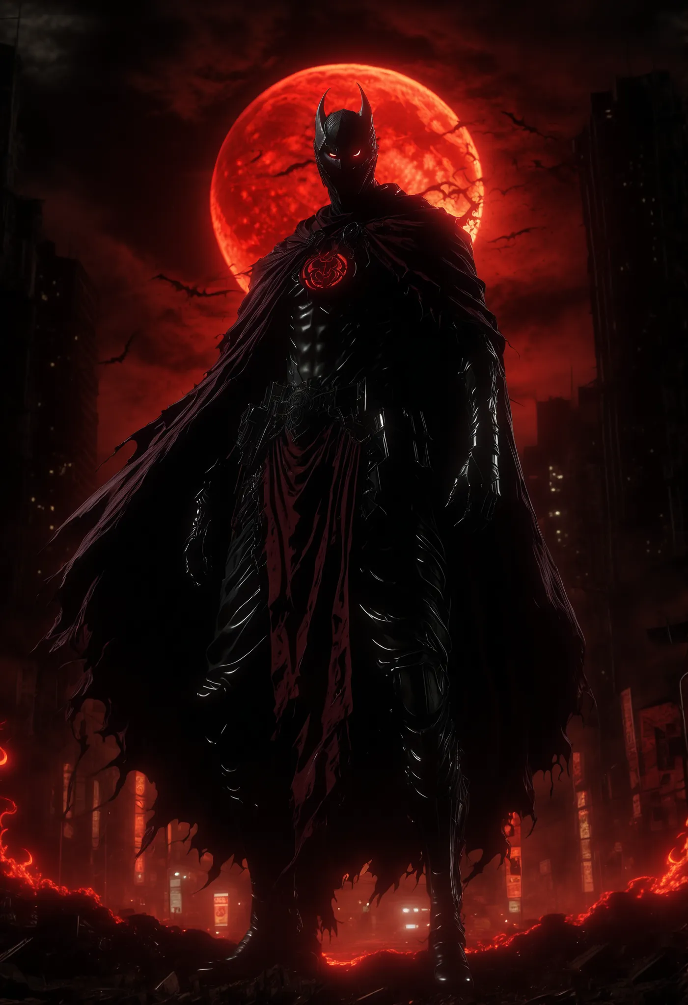 A demonic villain shrouded in a dark silhouette with an incandescent look and an insane smile, illustrated in hyper-detailed dark anime style, standing in front of a gigantic red moon that dominates the night sky. His figure rises among urban shadows shrou...