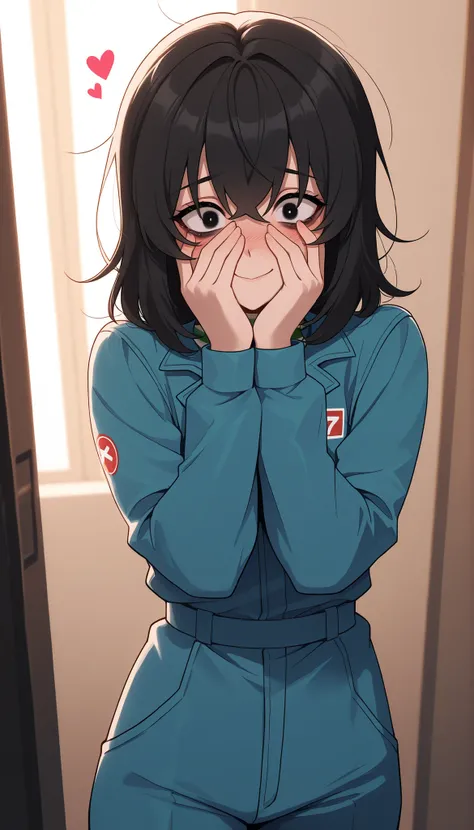 score_9, score_8_up, score_7_up, source_anime,  solo, 1girl, mthwshanya, small shy smile, blush, surprised, body facing away, looking at you in the corner of her eye, medium hair, black hair, black eyes, bags under eyes, blue jumpsuit, long sleeves, stripe...