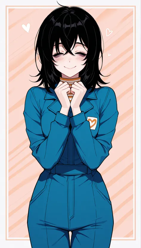 score_9, score_8_up, score_7_up, source_anime,  solo, 1girl, mthwshanya, smile, blush, closed eyes, medium hair, black hair, black eyes, bags under eyes, blue jumpsuit, long sleeves, striped shirt, sunny with blue skies and clouds background, its a picnic,...