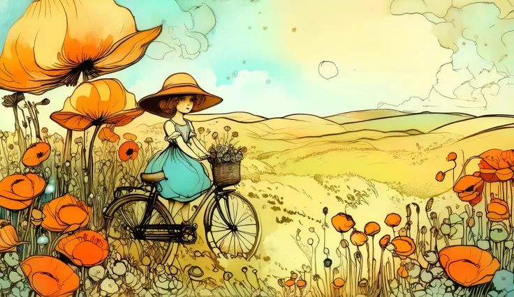 whimsical art style, surreal fantasy, ethereal art, A girl in a summer dress and sun hat, pushing a bicycle with a front basket full of flowers, through a field of giant poppies, the poppies are the size of trees and fill the entire background.: artstation...