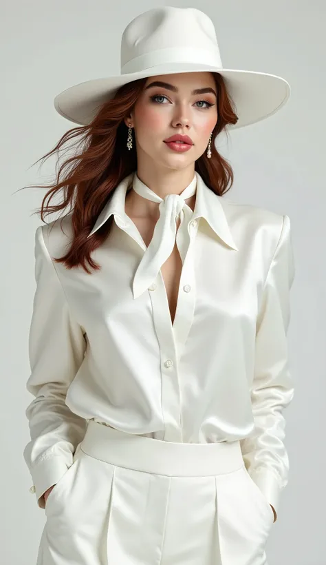 photorealistic, woman with auburn hair wearing a white satin blouse with a white neck tie, 3 piece white suit, white wide brim hat, white pantalon pants