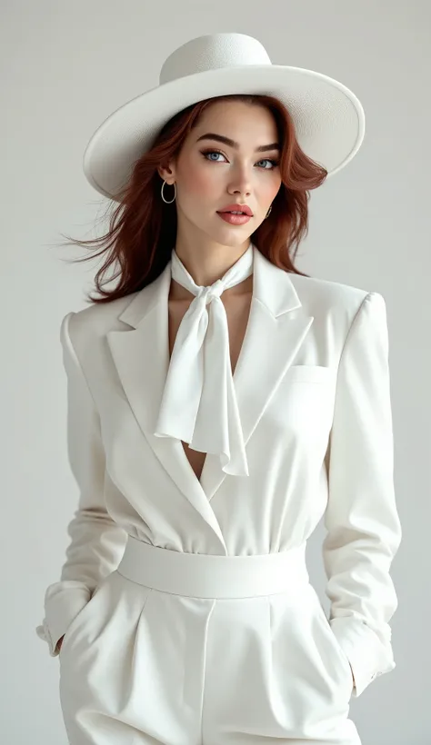 photorealistic, woman with auburn hair wearing a white satin blouse with a white neck tie, 3 piece white suit, white wide brim hat, white pantalon pants
