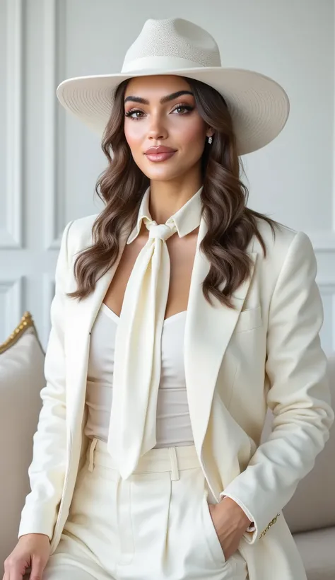 photorealistic, woman with long hair wearing a white satin blouse with a white neck tie, paired with a white vest and white blazer, white wide brim hat, white pantalon