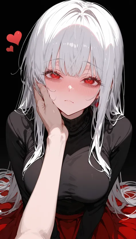 yandere,white hair,red-eyed,black turtleneck,heart,black background,,Red Skirt,Big Breasts,slim,cute,shadow under eyes,long hair,Black Shirt,shy,Shy, Yandre ,pov hand on cheek face, long sleeved dress ,