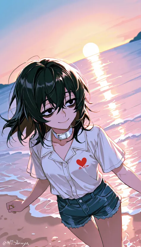 score_9, score_8_up, score_7_up, source_anime,  solo, 1girl, mthwshanya, smile, medium hair, black hair, black eyes, bags under eyes, white collar shirt, denim shorts, playing in the water, ((beach background)), heart symbol, dynamic angle, cinematic
