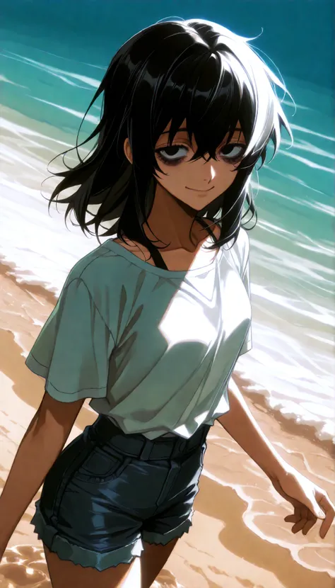 score_9, score_8_up, score_7_up, source_anime, solo, 1girl, mthwshanya, smile, medium hair, black hair, black eyes, bags under eyes, white shirt, denim shorts, playing in the water, ((beach background)), dynamic angle, cinematic, staring into the distance