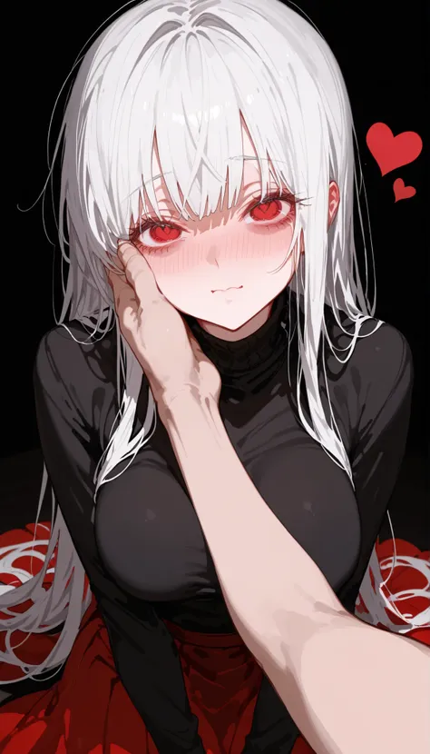 yandere,white hair,red-eyed,black turtleneck,heart,black background,,Red Skirt,Big Breasts,slim,cute,shadow under eyes,long hair,Black Shirt,shy,Shy, Yandre ,pov hand on cheek face, long sleeved dress ,