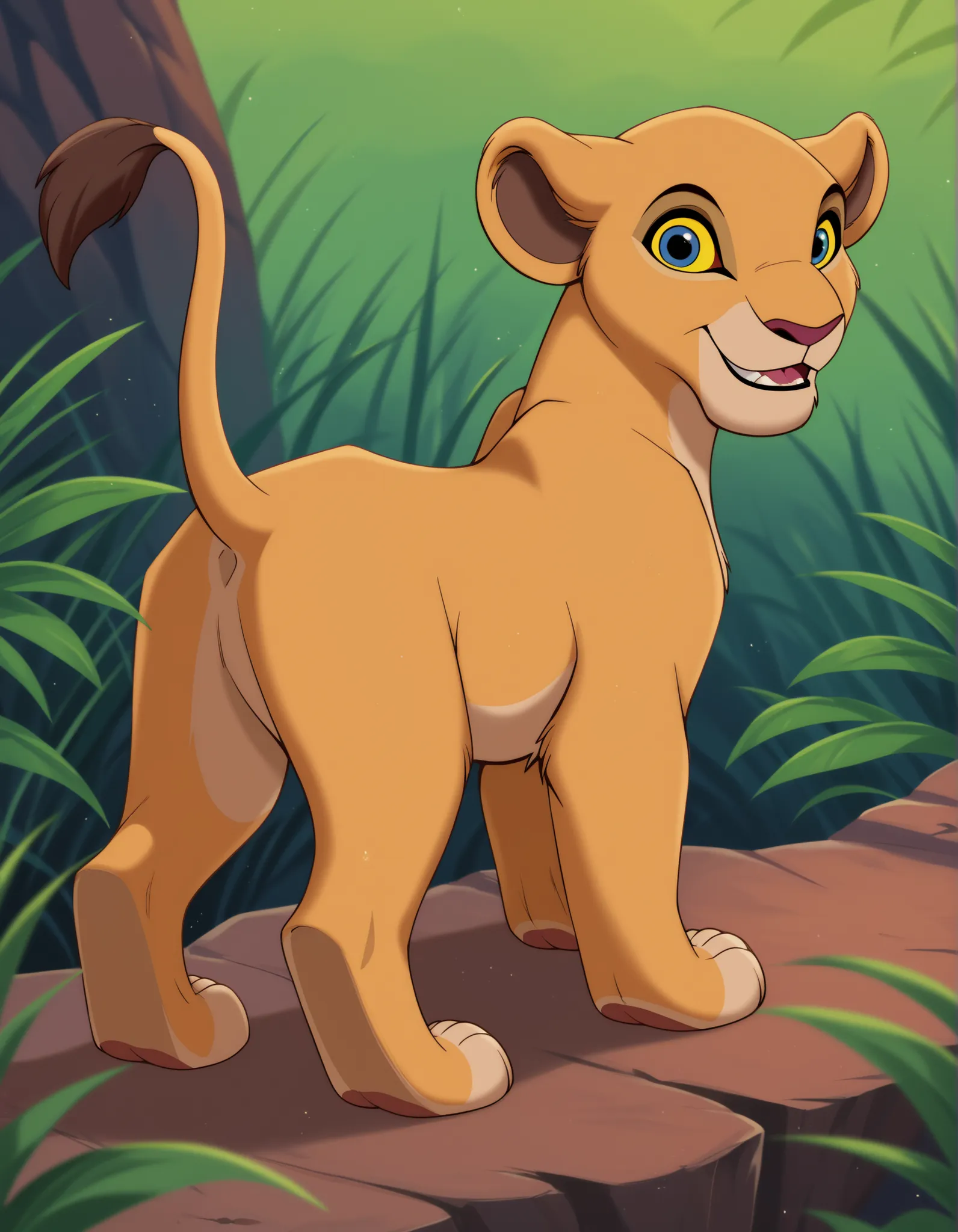 score_9, score_8_up, score_7_up, score_6_up, rating_safe, source_furry,  Kiara, Reddish-brown eyes, Yellow sclera, solo,  disney, (the lion king:1.2), lioness, (young nala), nala, feral, cartoon, smile, parted lips, blue eyes, yellow sclera, standing, solo...