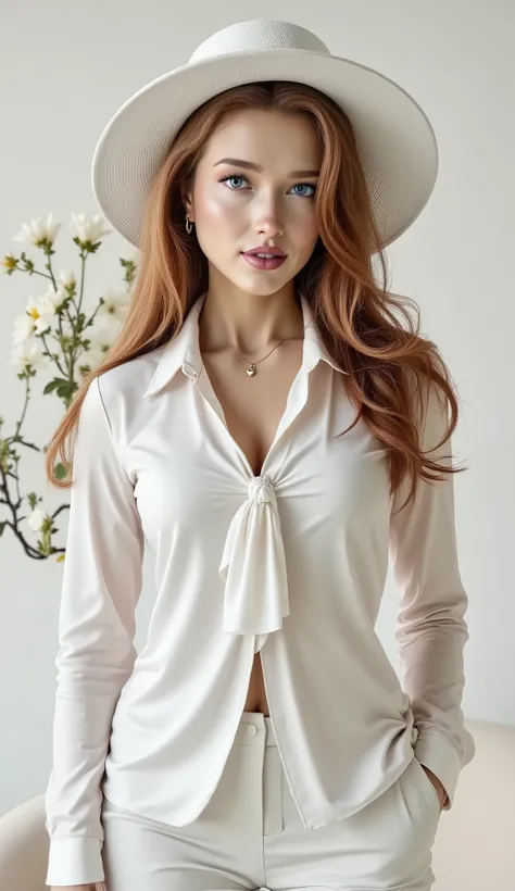 photorealistic, woman with long hair wearing a white satin blouse with a white neck tie, 3 piece white suit, white wide brim hat, white pantalon pants