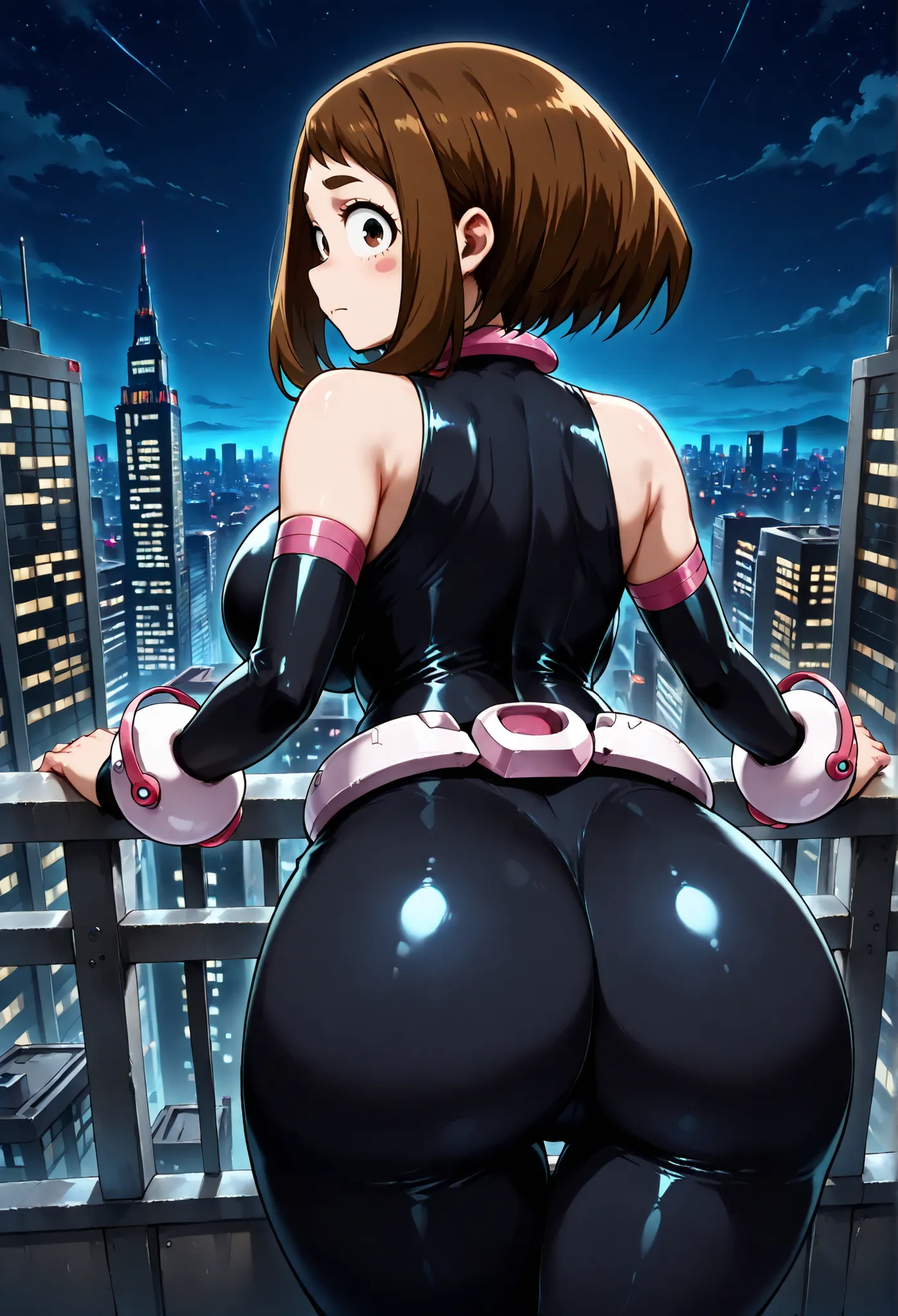 official style, Anime-Screenshot,  uraraka ochako, 1 girl, brown hair, brown eyes, Solo, Superheld, Hero bodysuit, pink wrist guards, closed mouth, Big Breasts, (F65), Sexy Stil, Standing on the roof of a skyscraper, Nacht, Regen, The metropolis lit up at ...