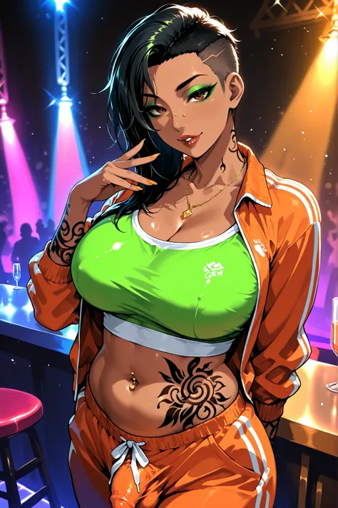 score_9, score_8_up, score_7_up, source_anime, best quality,  
1girl, arabic, dark skin, transgender, milf, big natural breasts, penis bulge, sidecut, side-shaved hair, side shave, asymmetrical hair, black hair, brown eyes,  track pants, track jacket, midr...