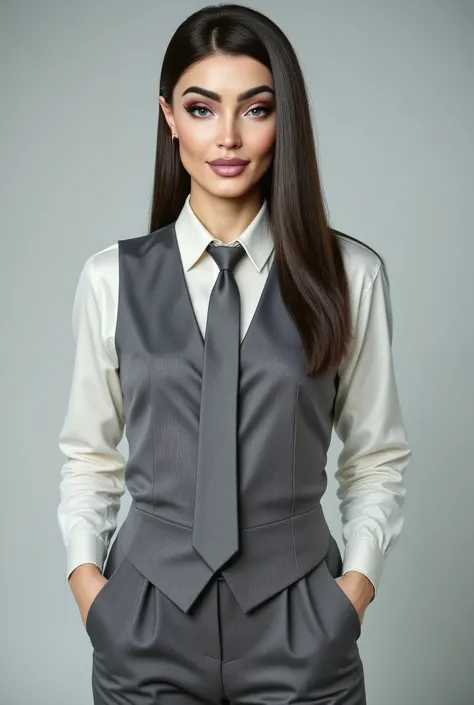 photorealistic, woman wearing a white satin blouse with a grey neck tie, a grey vest and grey pantalon pants, business attire
