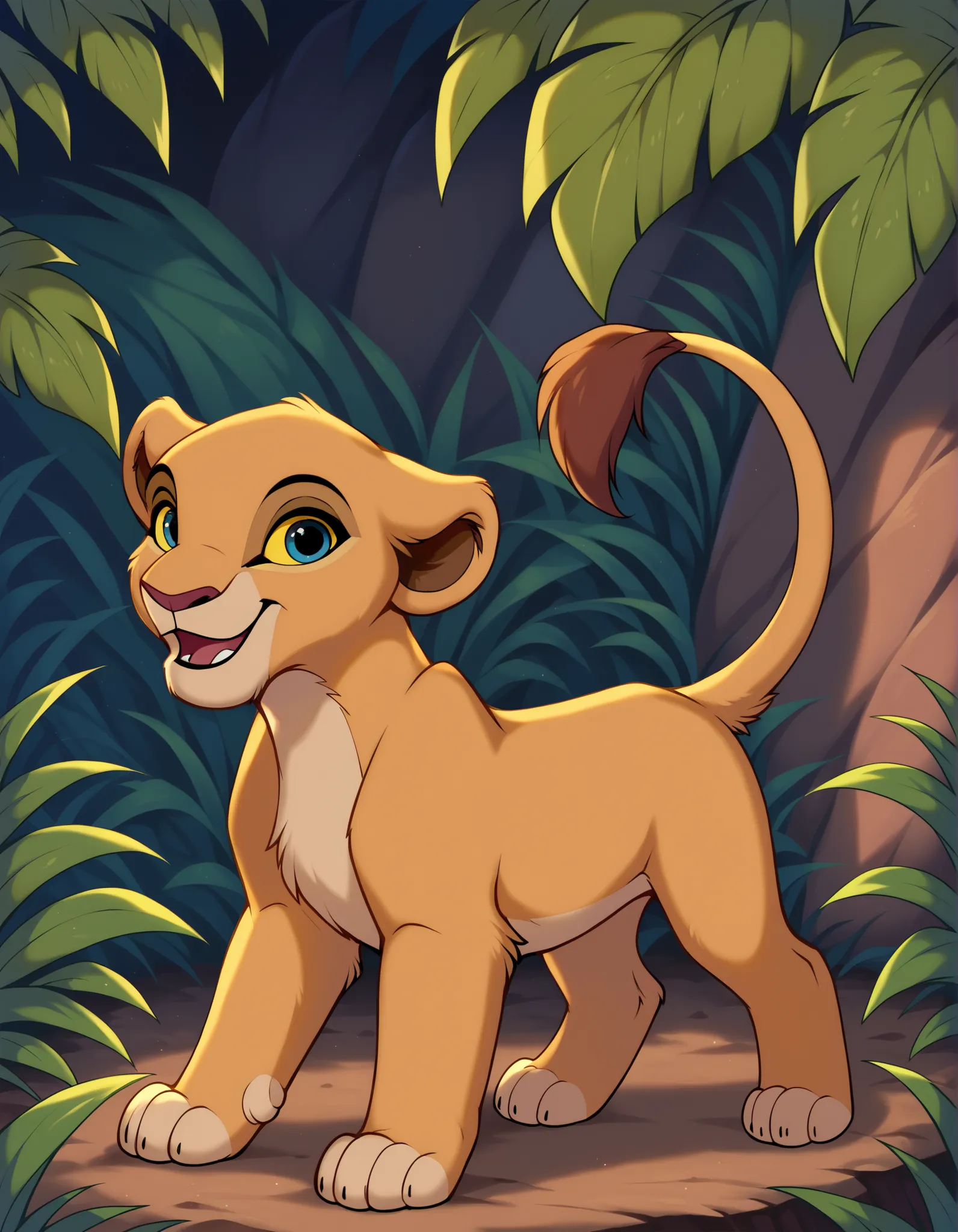 score_9, score_8_up, score_7_up,  rating_safe, source_furry,  Kiara, Reddish-brown eyes, Yellow sclera, solo,  disney, the lion king, lioness, young nala, nala, feral, cartoon, smile, parted lips, blue eyes, yellow sclera, standing, solo, cute, feral, 4 to...