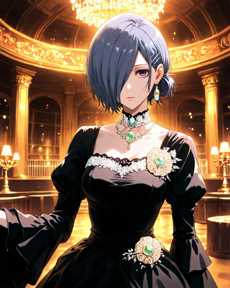 highly detailed, ultra-detailed, finely crafted features, soft lighting, (( kirishima Touka)), anime girl with ((short blue-purple hair covering the left eye )), inspired by Tokyo Ghoul style, elegant face, smooth complexion, deep blue-purple eye, wearing ...