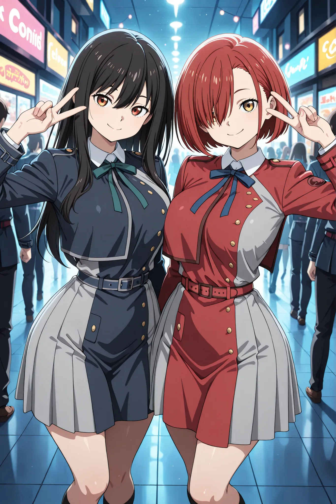 (masterpiece, best quality), amazing quality, very aesthetic, absurdres, highres, newest, HDR, 8K, anime style, chiaroscuro, extremely detailed face and eyes, cinematic, professional lighting, dynamic angle, foreshortening, aegyo sal, duo focus, (2girls, m...