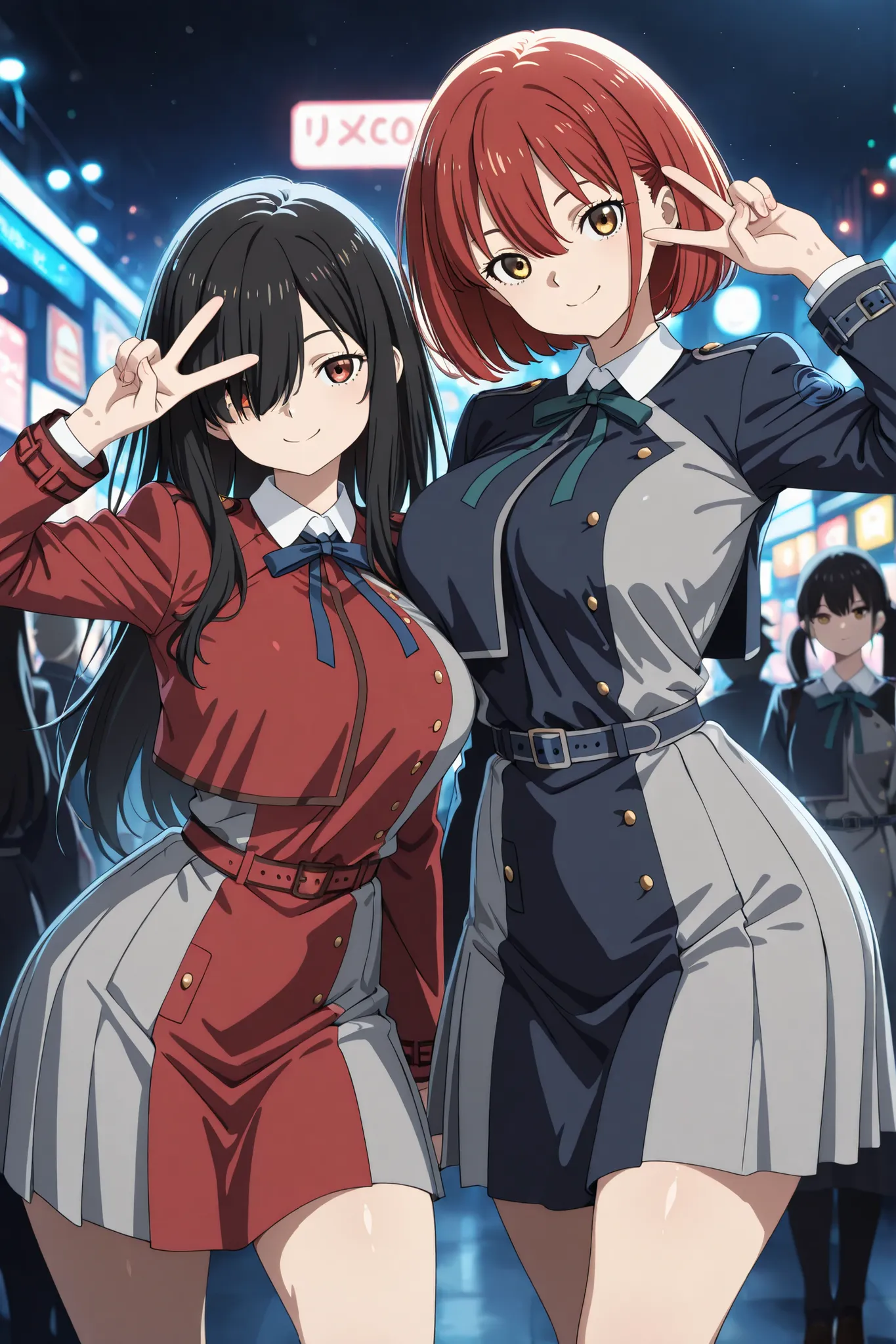 (masterpiece, best quality), amazing quality, very aesthetic, absurdres, highres, newest, HDR, 8K, anime style, chiaroscuro, extremely detailed face and eyes, cinematic, professional lighting, dynamic angle, foreshortening, aegyo sal, duo focus, (2girls, m...