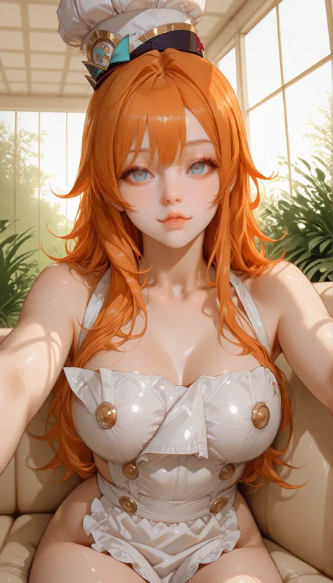 ultra detailed realistic busty Escoffier half body, orange long hair.
cyan eyes.
Pinkish lips.
Nude,
background. At morning, sit on sofa greenhouse, ray tracing, perfect sexy face, sexy pose , chef hat, white apron