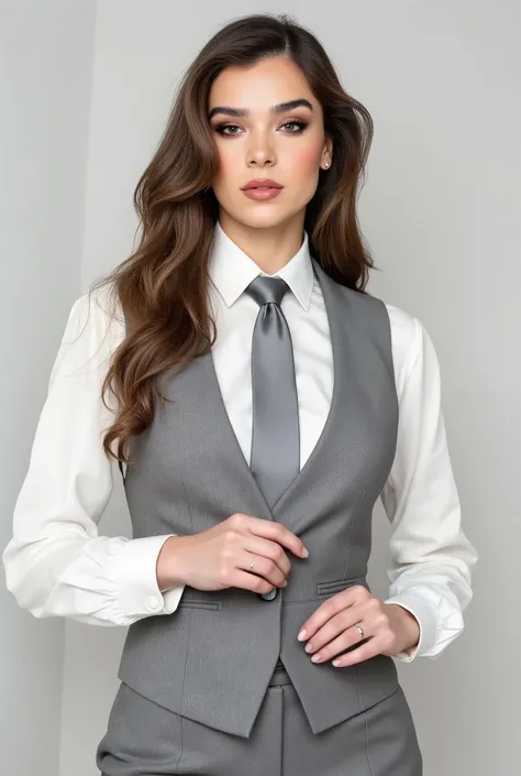 photorealistic, woman wearing a white satin blouse with a grey neck tie, a grey vest and grey pantalon pants, business attire
