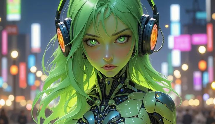 A vibrant digital illustration from a full-body frontal camera angl featuring a character with green skin and long, flowing green hair, surrounded by the city lights of Akihabara. She is gigantyc, like a city size, The image conveys a serene and mystical a...