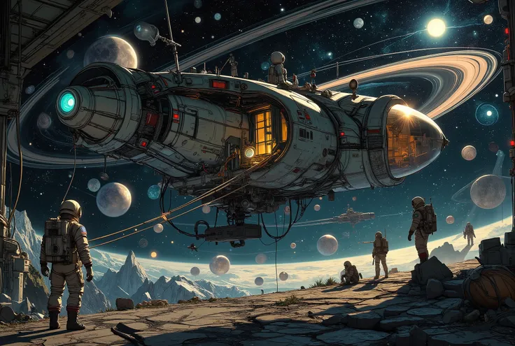 hyperrealistic view of space exploration. astronauts、is tethered to a whimsically curved spaceship that seems contrary to the physics we know . imagine a surreal view of space exploration , Earth's . planetary rings and glowing astral dust orbs form an ...