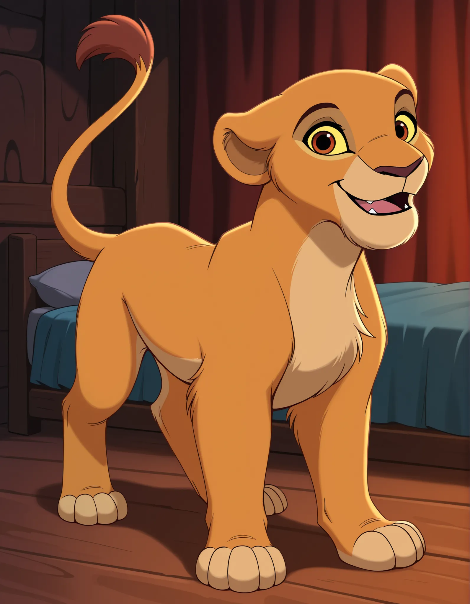 Kiara, Reddish-brown eyes, Yellow sclera, solo, disney, the lion king, lioness, young nala, nala, feral, cartoon, smile, parted lips, blue eyes, yellow sclera, standing, solo, cute, feral, 4 toes, paws, blue eyes, lidded eyes, cub, smile, open mouth, fang,...