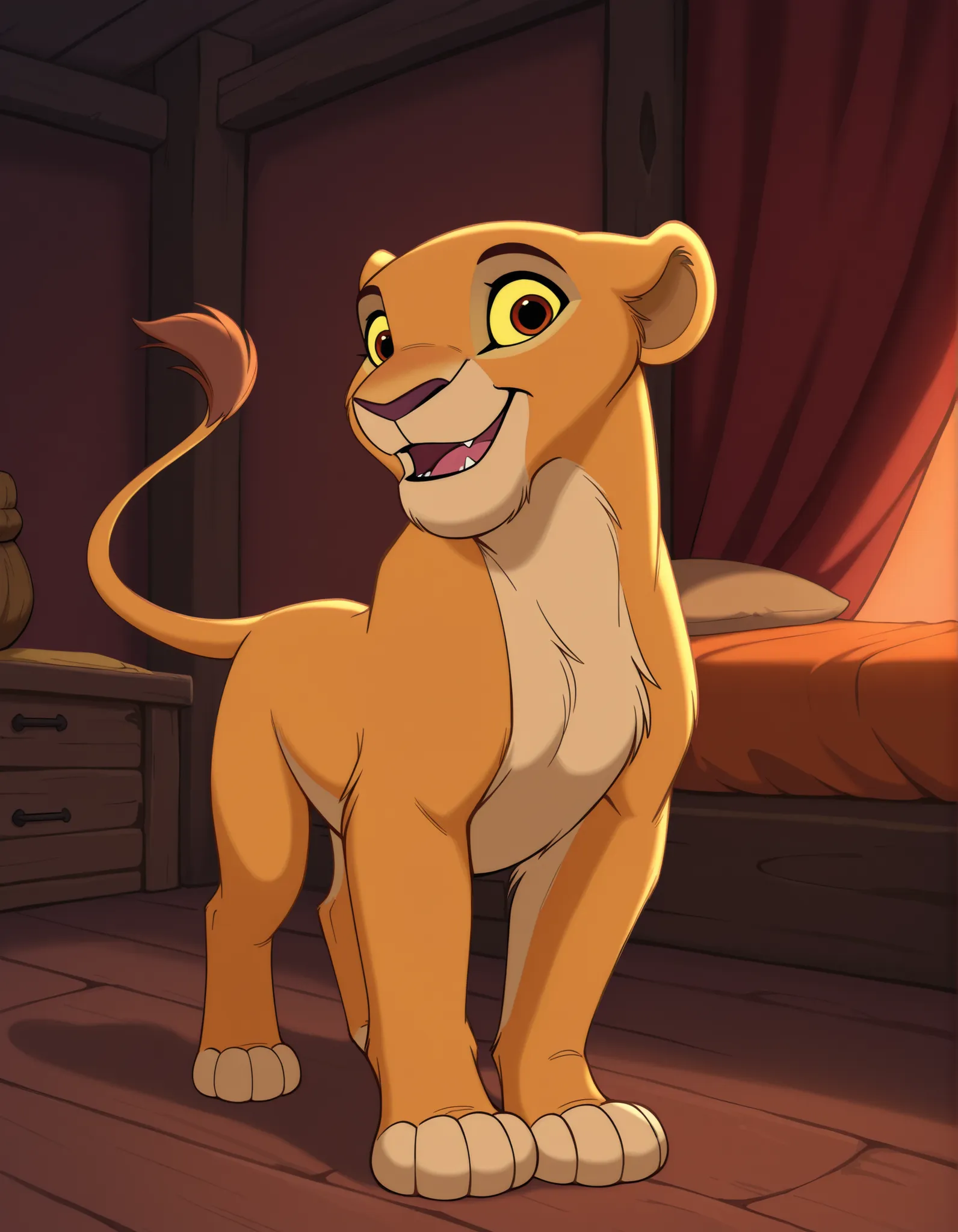Kiara, Reddish-brown eyes, Yellow sclera, solo, disney, the lion king, lioness, young nala, nala, feral, cartoon, smile, parted lips, blue eyes, yellow sclera, standing, solo, cute, feral, 4 toes, paws, blue eyes, lidded eyes, cub, smile, open mouth, fang,...