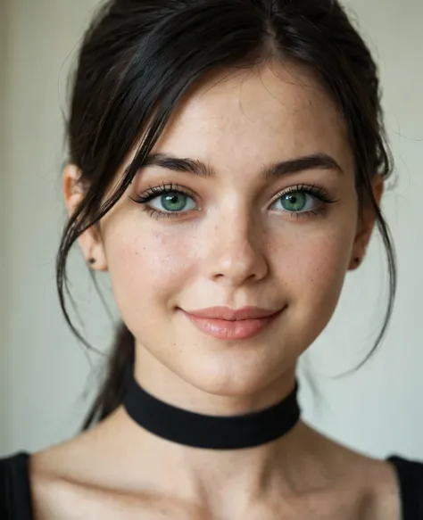 masterpiece, best quality, amazing quality, ultra realistic, soft lighting, goth makeup, black hair, green eyes, beautiful face, detailed skin texture, slight smile, shallow depth of field, natural background