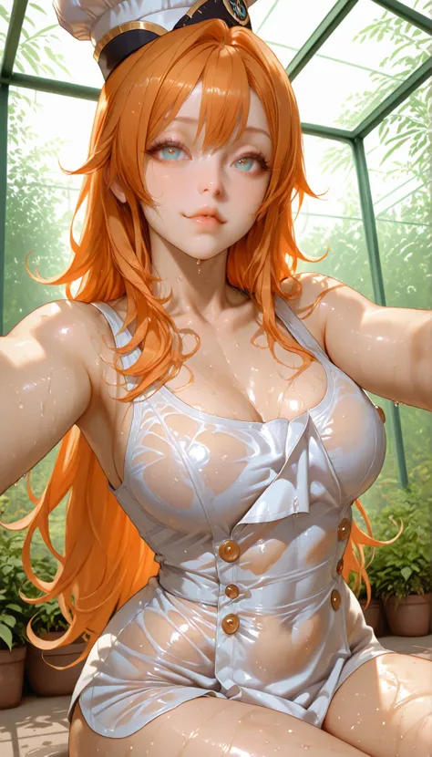ultra detailed realistic busty Escoffier half body, orange long hair.
cyan eyes.
Pinkish lips.
White tank top transparent,
background. At morning, sit on the greenhouse, ray tracing, perfect sexy face, sexy pose , chef hat , wet body, selfie , alone