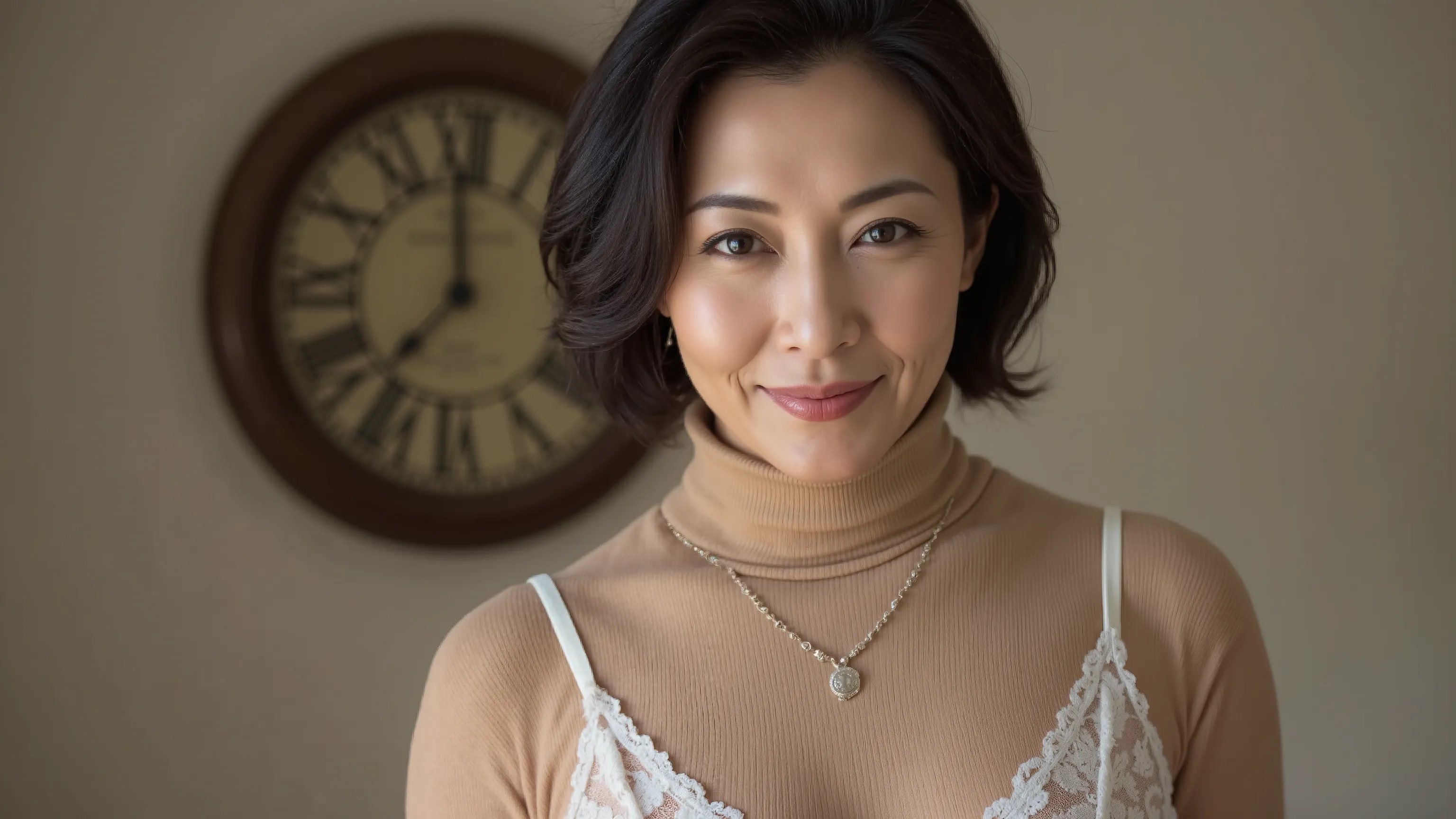  50-year-old middle-aged woman wearing sleeveless turtleneck knit and white lace underwear, Wavy Short Black Hair    ,  kind smile , full body close-up、necklace、 clock、
