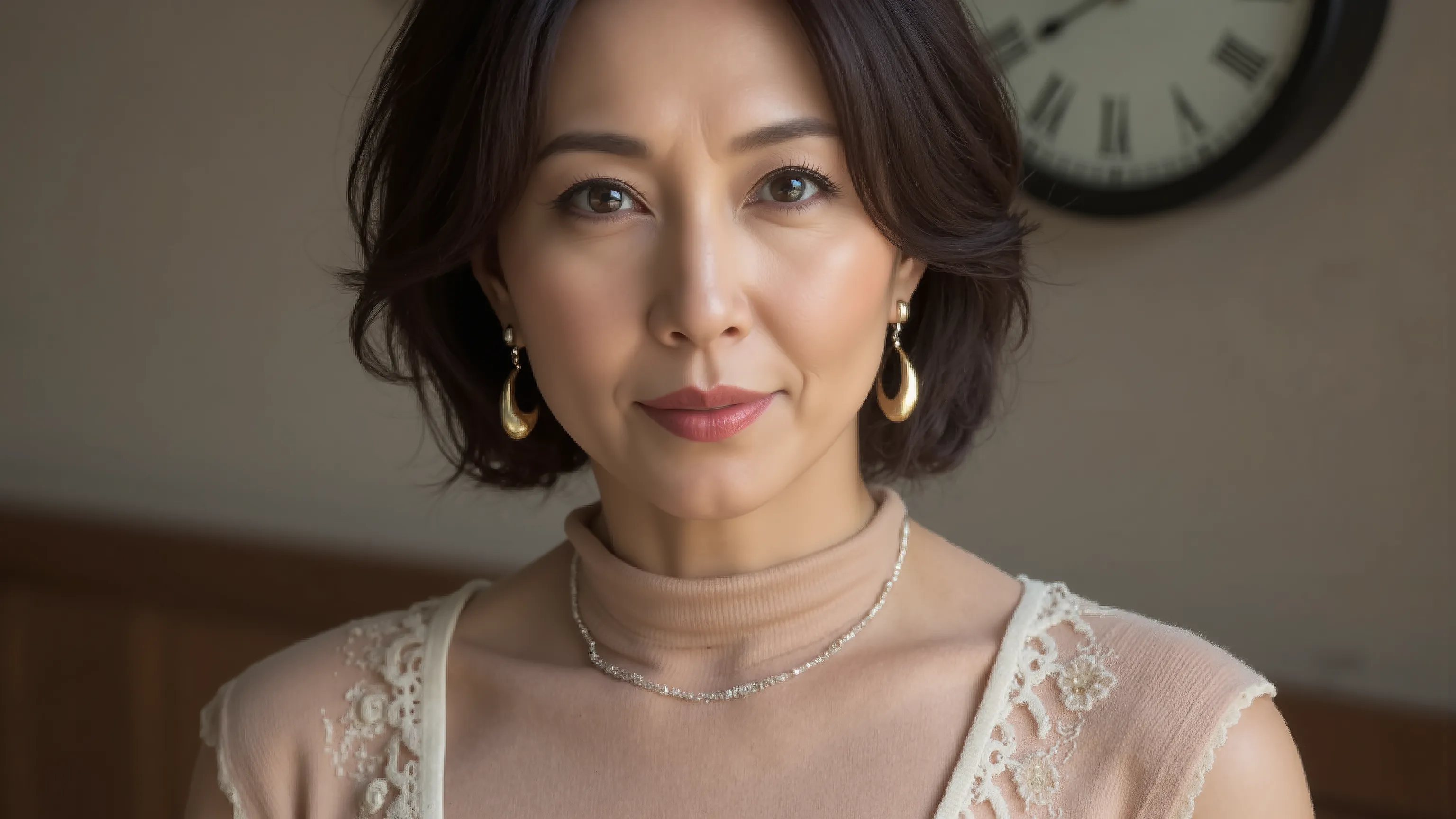  50-year-old middle-aged woman wearing sleeveless turtleneck knit and white lace underwear, Wavy Short Black Hair    ,  kind smile , full body close-up、necklace、 clock、