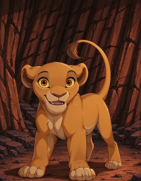Kiara, Reddish-brown eyes, Yellow sclera, (solo:1.3), the lion king, lioness, young nala, nala, feral, cartoon, smile, parted lips, blue eyes, yellow sclera, standing, solo, cute, feral, 4 toes, paws, blue eyes, lidded eyes, cub, smile, open mouth, fang, w...