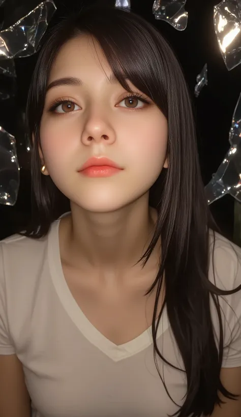 A truly stunningly beautiful woman , has silky smooth hair , brilliant face , warm expression , Mystery、grace、majesty, charming eyes , Back Beautifully listening music playing in the scene, broken glass as background ,Various effects , Complex and dynamic...